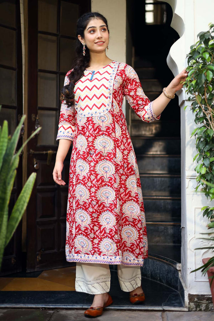 Red A-Line kurta in hand block cotton