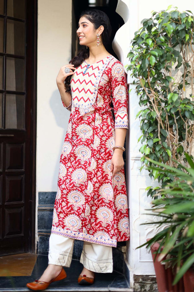 Red A-Line kurta in hand block cotton