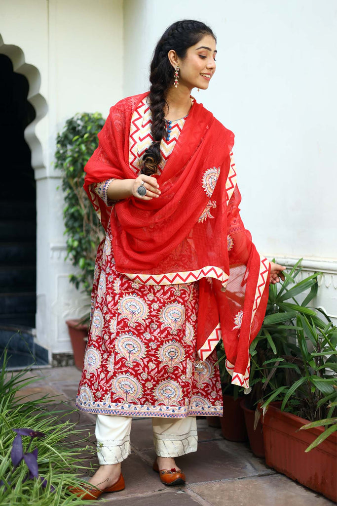 Red A-Line kurta in hand block cotton