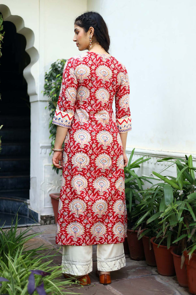 Red A-Line kurta in hand block cotton