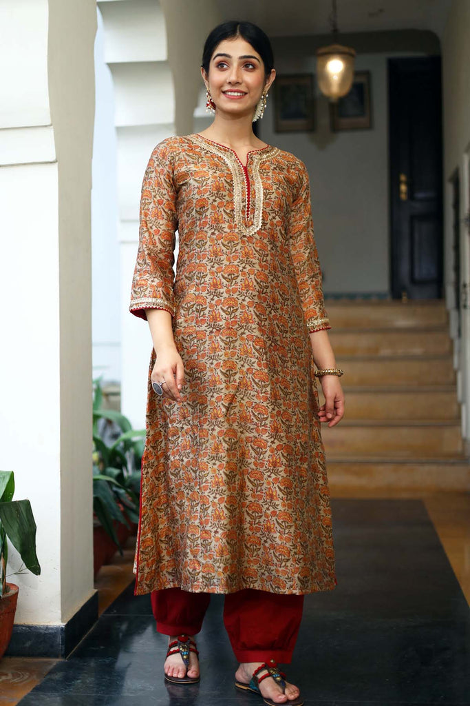 Kalidaar A-Line Chanderi Kurta in Olive Green Color