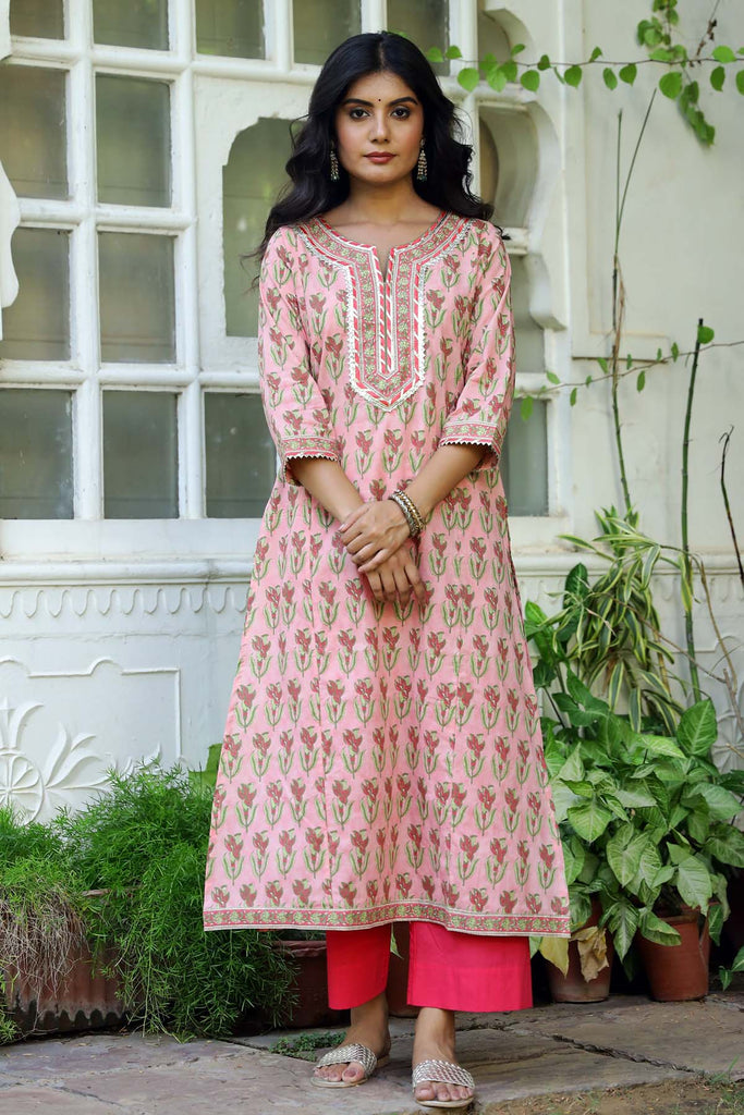 A-Line hand block printed kurta in Peach color