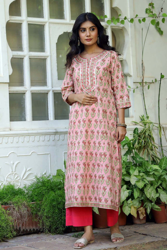 A-Line hand block printed kurta in Peach color