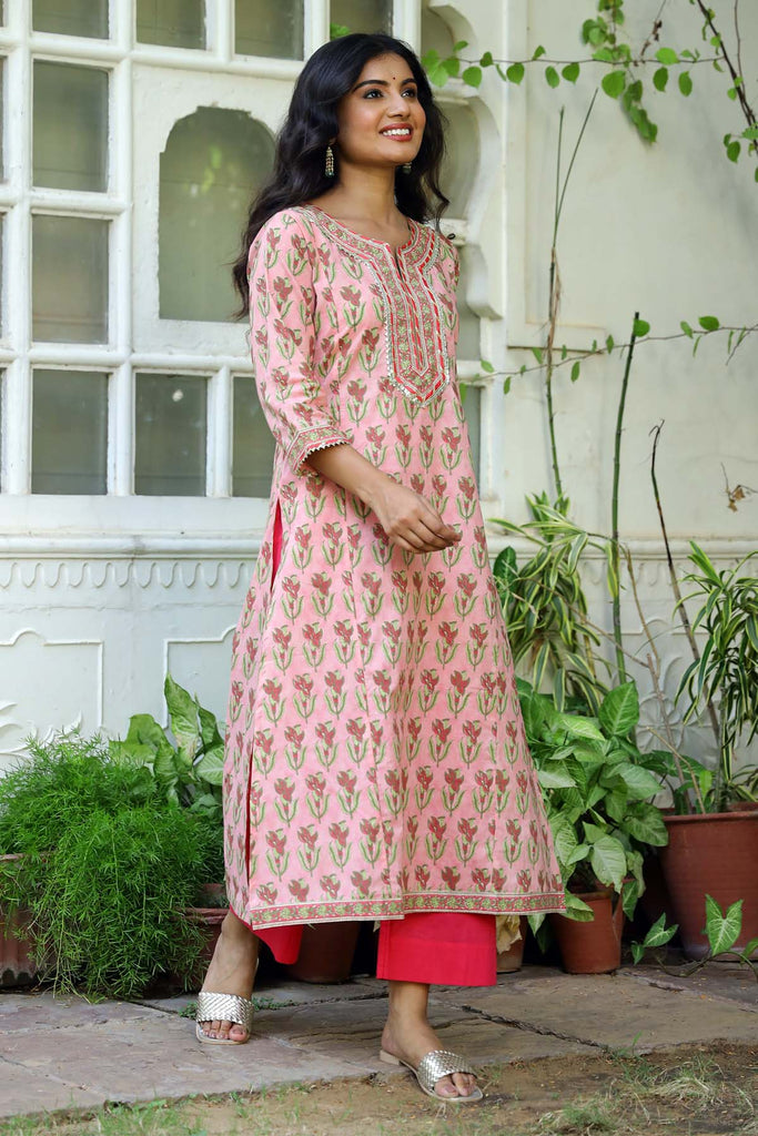 A-Line hand block printed kurta in Peach color