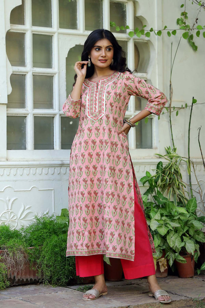 A-Line hand block printed kurta in Peach color