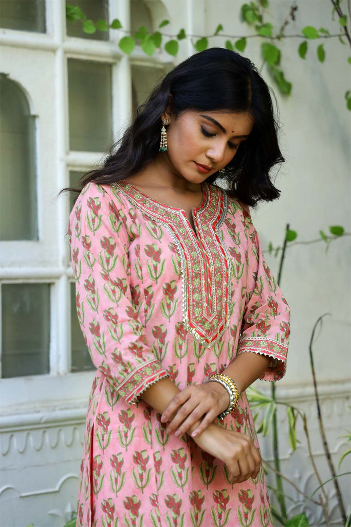 A-Line hand block printed kurta in Peach color