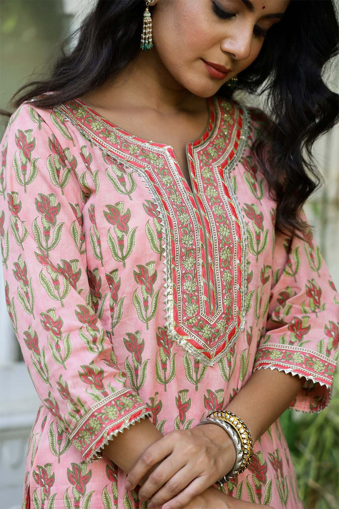 A-Line hand block printed kurta in Peach color