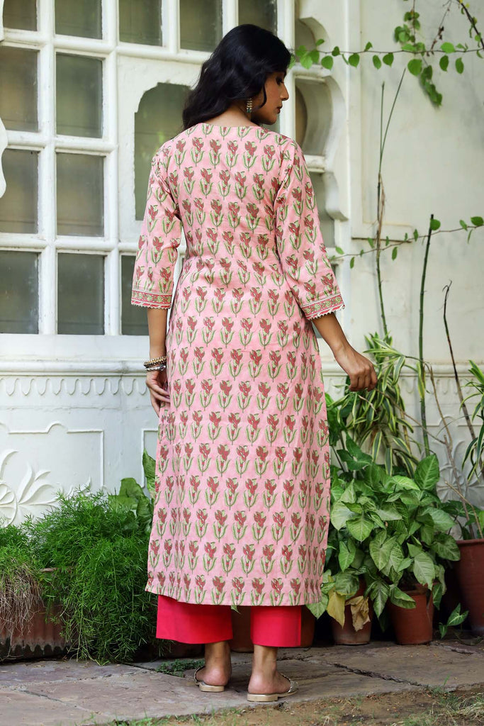 A-Line hand block printed kurta in Peach color