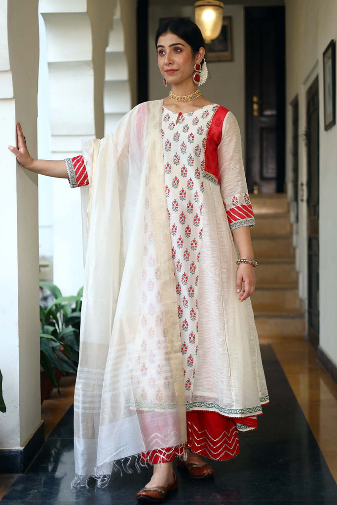 Kalidaar Chanderi Silk Kurta in Cream Color