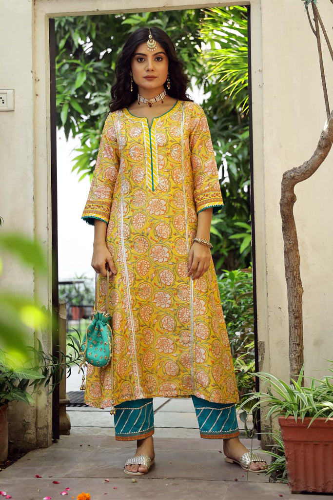 A-line Kurta in Yellow printed Chanderi fabric