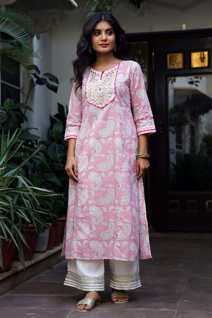 Pink Buti Print Kurta In Hand Block Cotton