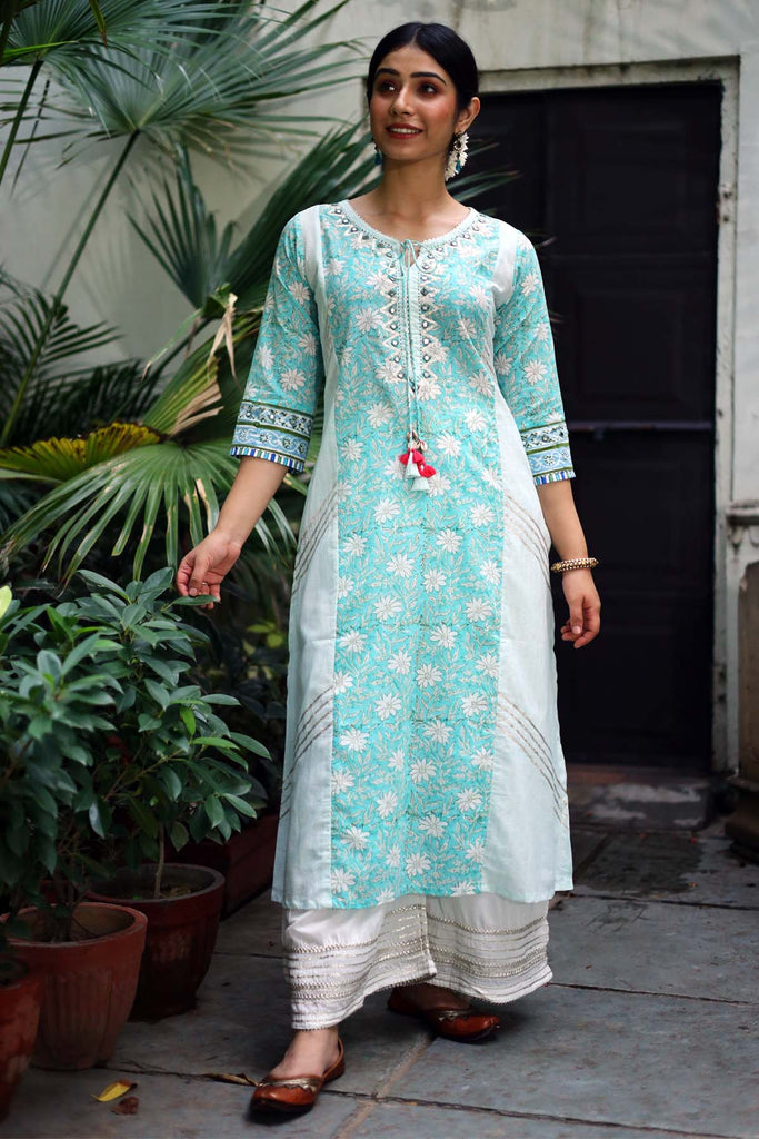 A-Line Kurta in Turquoise blue hand block print cotton