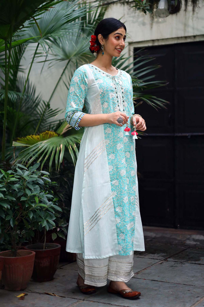 A-Line Kurta in Turquoise blue hand block print cotton