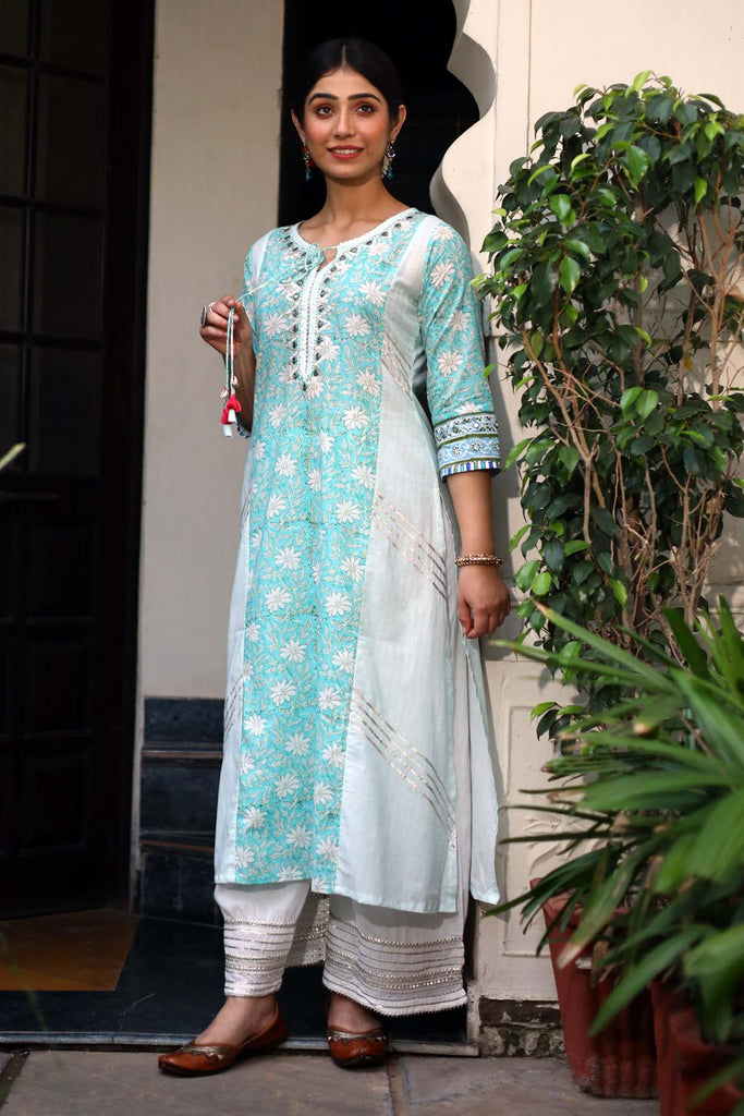 A-Line Kurta in Turquoise blue hand block print cotton