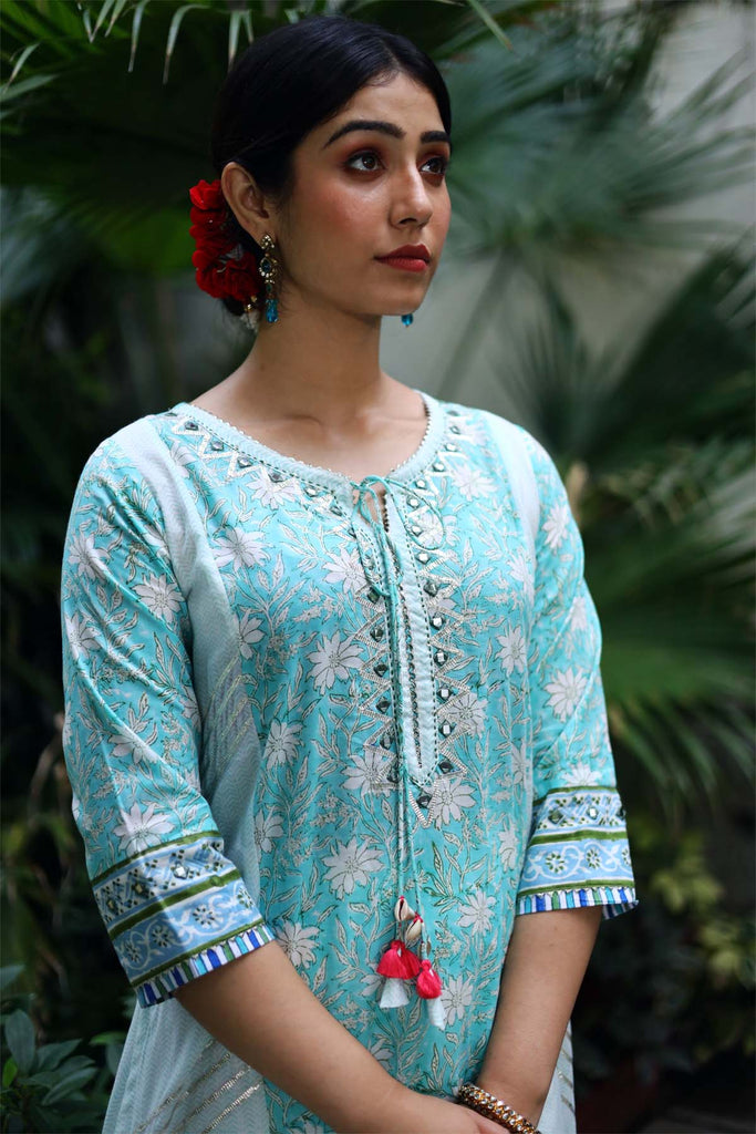 A-Line Kurta in Turquoise blue hand block print cotton