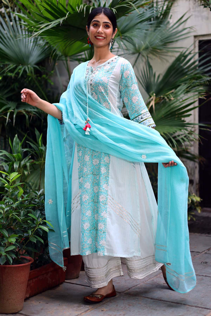 A-Line Kurta in Turquoise blue hand block print cotton