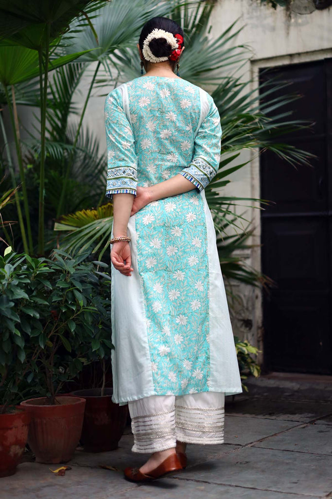 A-Line Kurta in Turquoise blue hand block print cotton