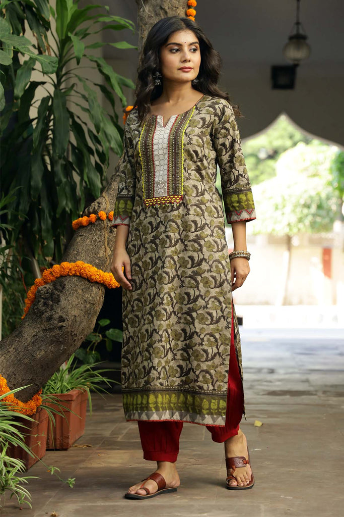 Straight fit Cotton Kurta in Mehndi Green Color