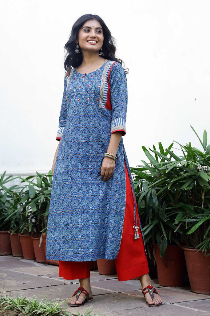 Straight fit kurta in Cotton Indigo blue Color