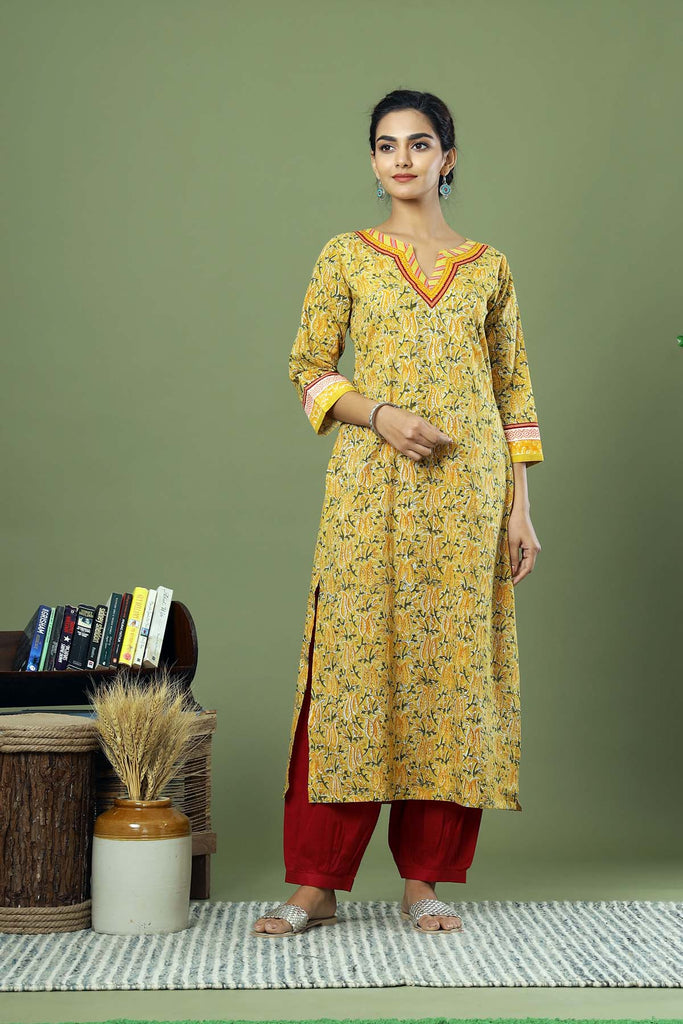 Straight Fit Hand Block Kurta In Mustard Color