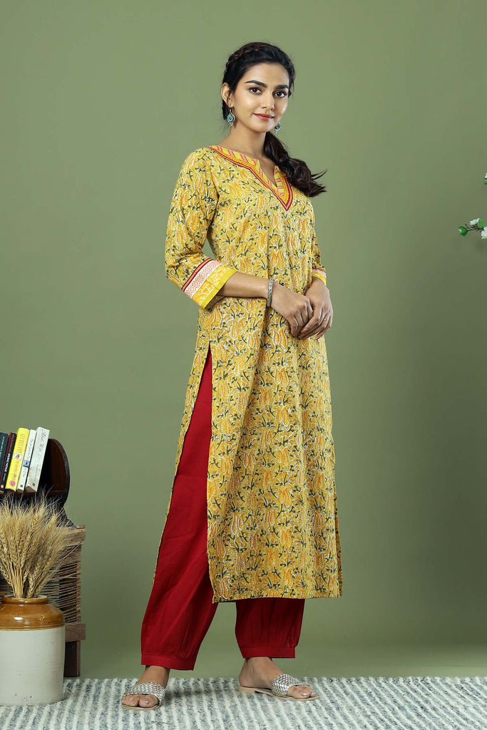 Straight Fit Hand Block Kurta In Mustard Color