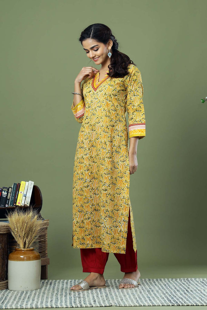 Straight Fit Hand Block Kurta In Mustard Color