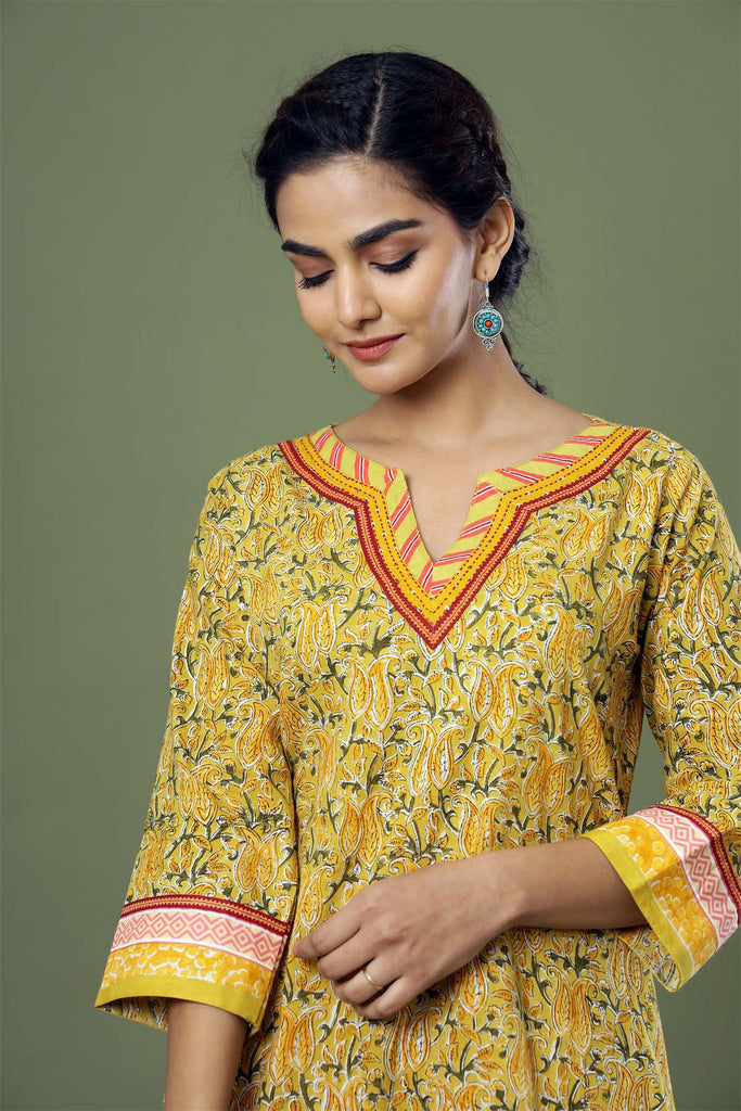 Straight Fit Hand Block Kurta In Mustard Color