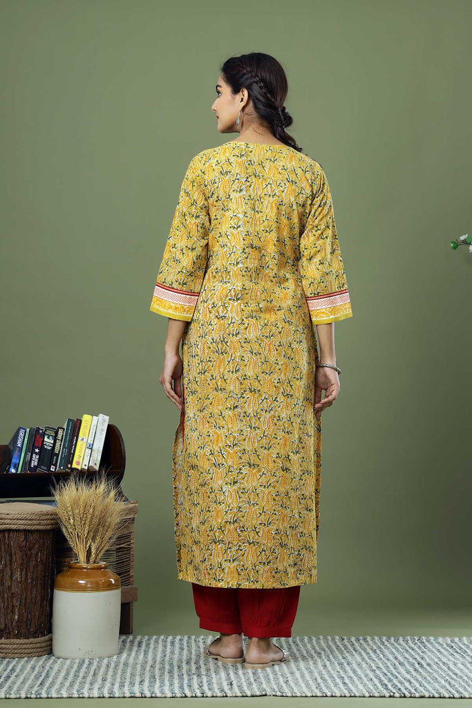 Straight Fit Hand Block Kurta In Mustard Color