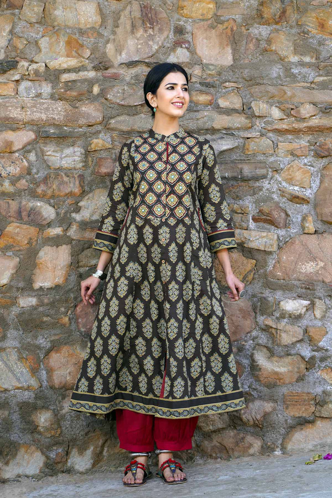 Long Length / A-Line Collared Kurta in Dark Brown Color