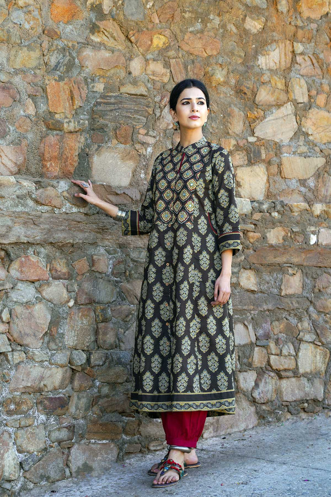 Long Length / A-Line Collared Kurta in Dark Brown Color