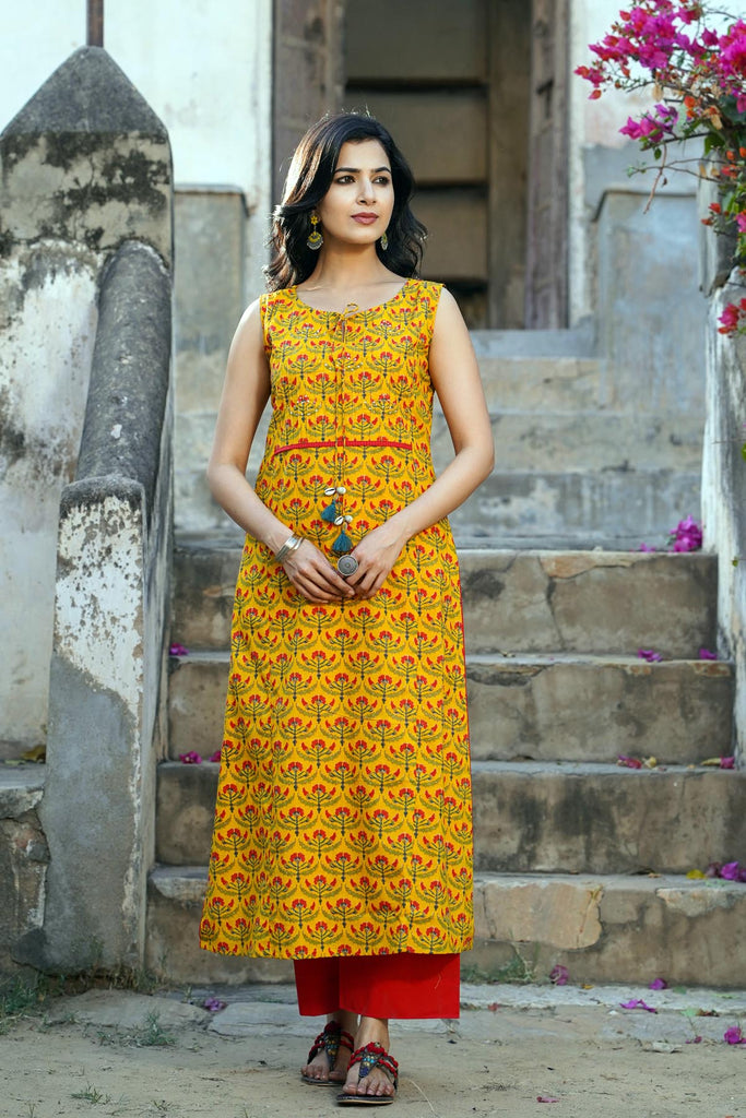 Straight Fit Style Sleeveless Kurta in Yellow Color