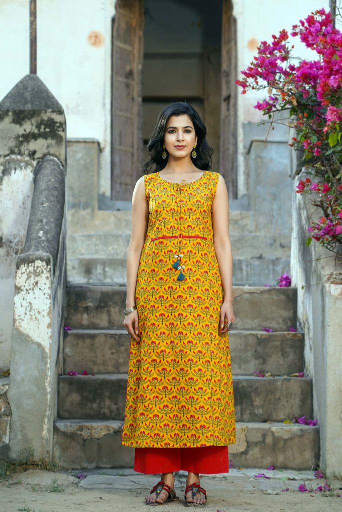 Straight Fit Style Sleeveless Kurta in Yellow Color