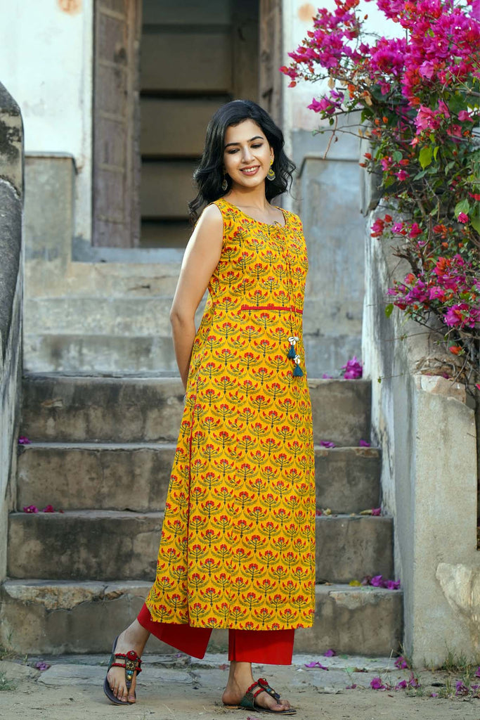 Straight Fit Style Sleeveless Kurta in Yellow Color