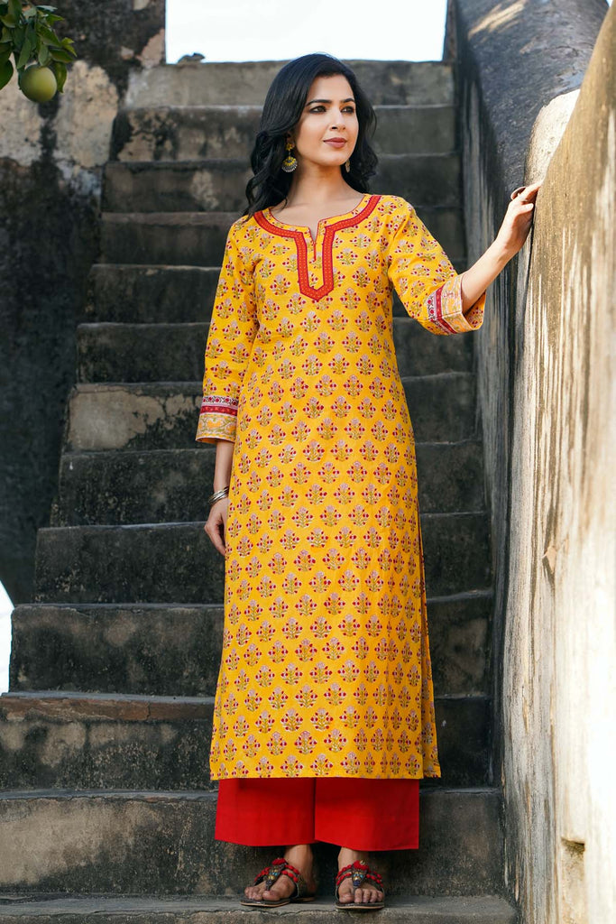 Straight Fit Kurta In Mango Yellow Color