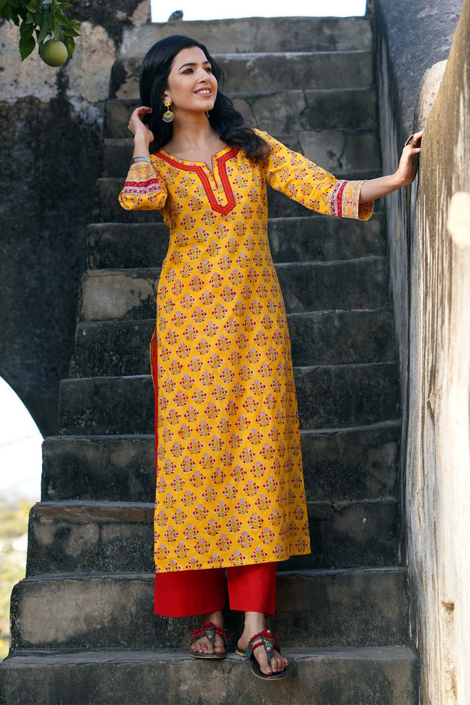 Straight Fit Kurta In Mango Yellow Color