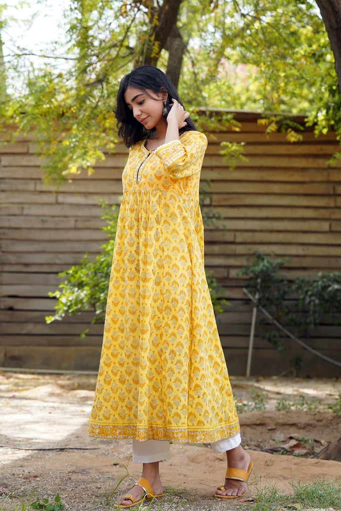 Long Length Kalidaar Kurta in Yellow Color