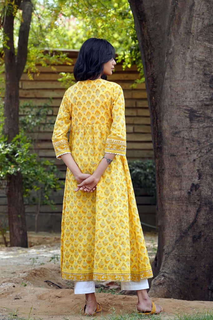 Long Length Kalidaar Kurta in Yellow Color