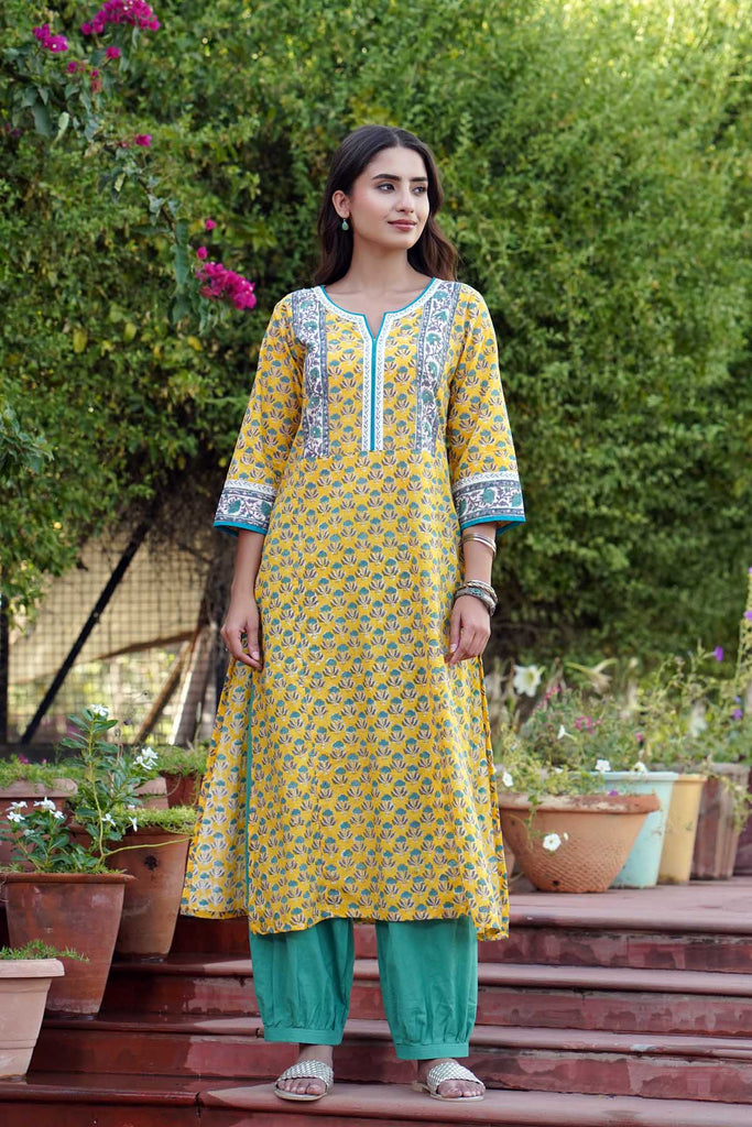 Straight Fit Yellow Hand Block Print Kurta
