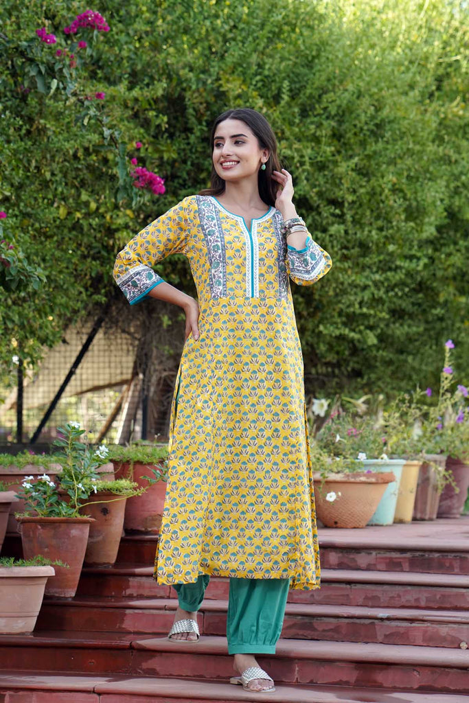 Straight Fit Yellow Hand Block Print Kurta