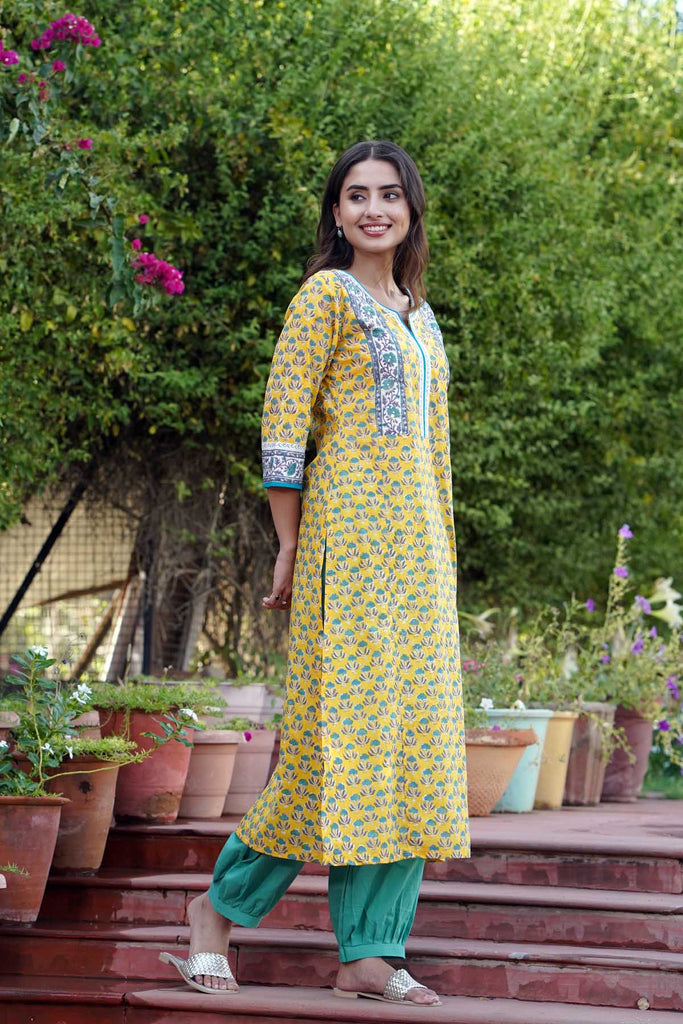 Straight Fit Yellow Hand Block Print Kurta