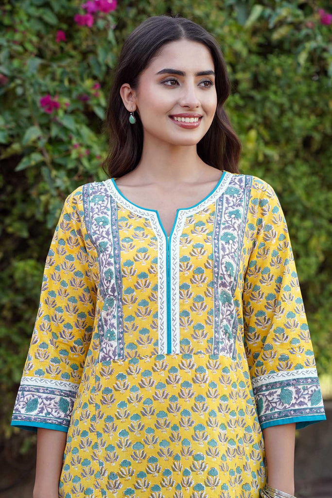 Straight Fit Yellow Hand Block Print Kurta