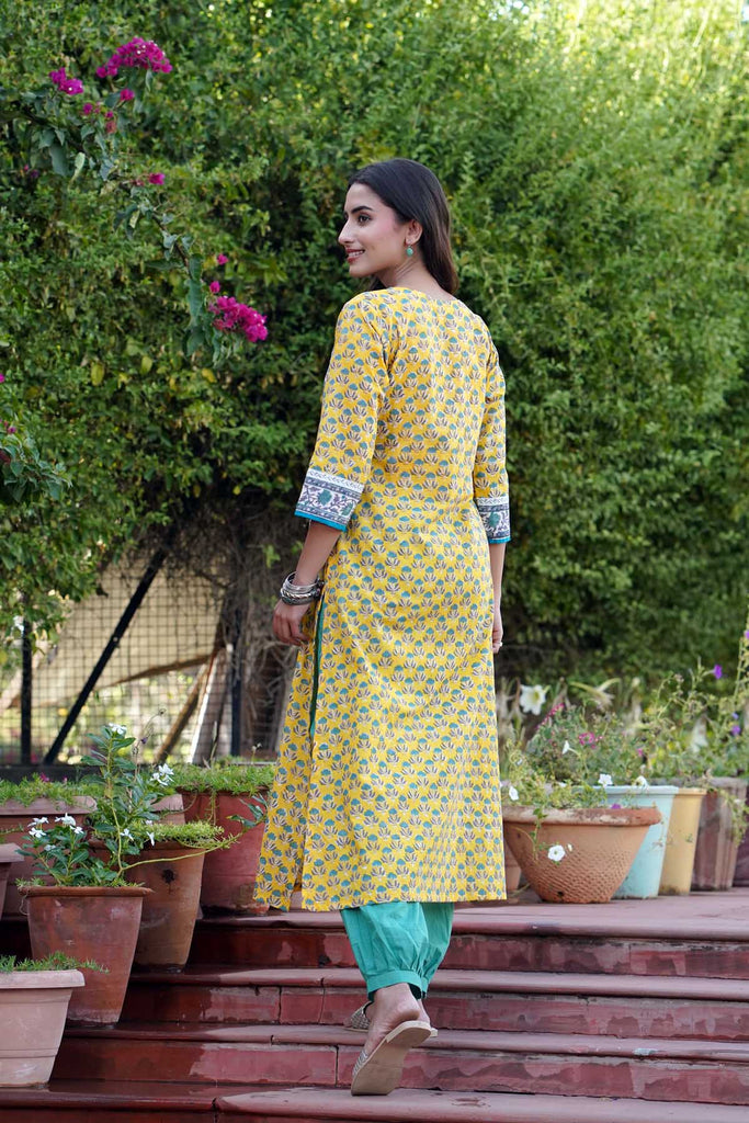 Straight Fit Yellow Hand Block Print Kurta