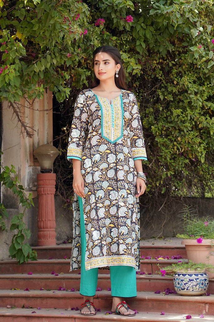 Black Floral Print Straight Fit Kurta