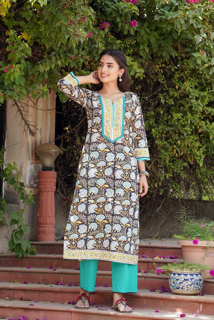 Black Floral Print Straight Fit Kurta