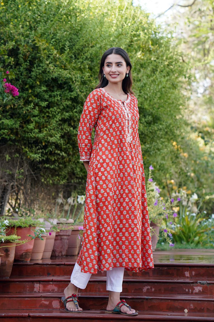 A-Line Kurta In Red Hand Block Print