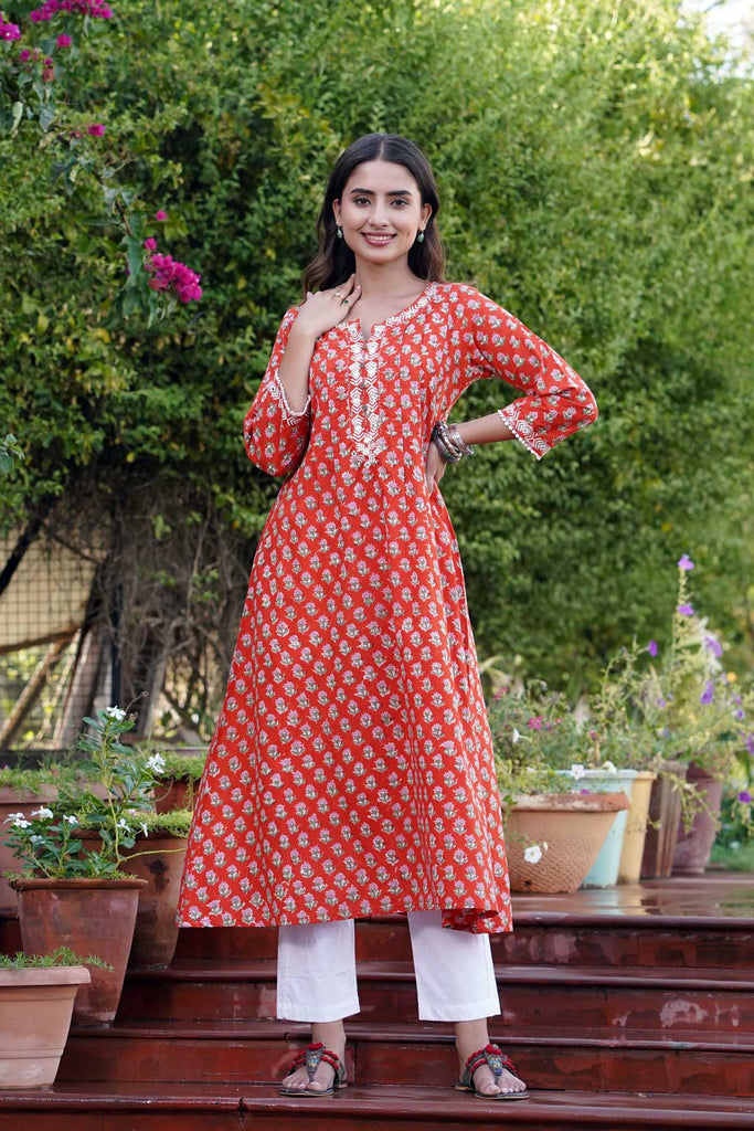 A-Line Kurta In Red Hand Block Print