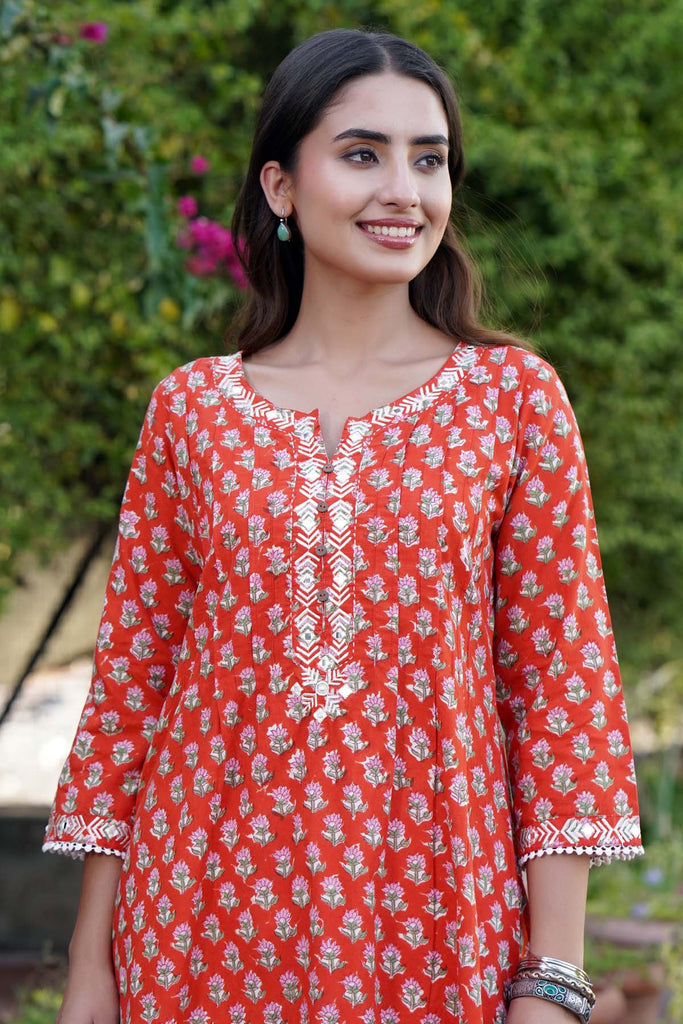 A-Line Kurta In Red Hand Block Print