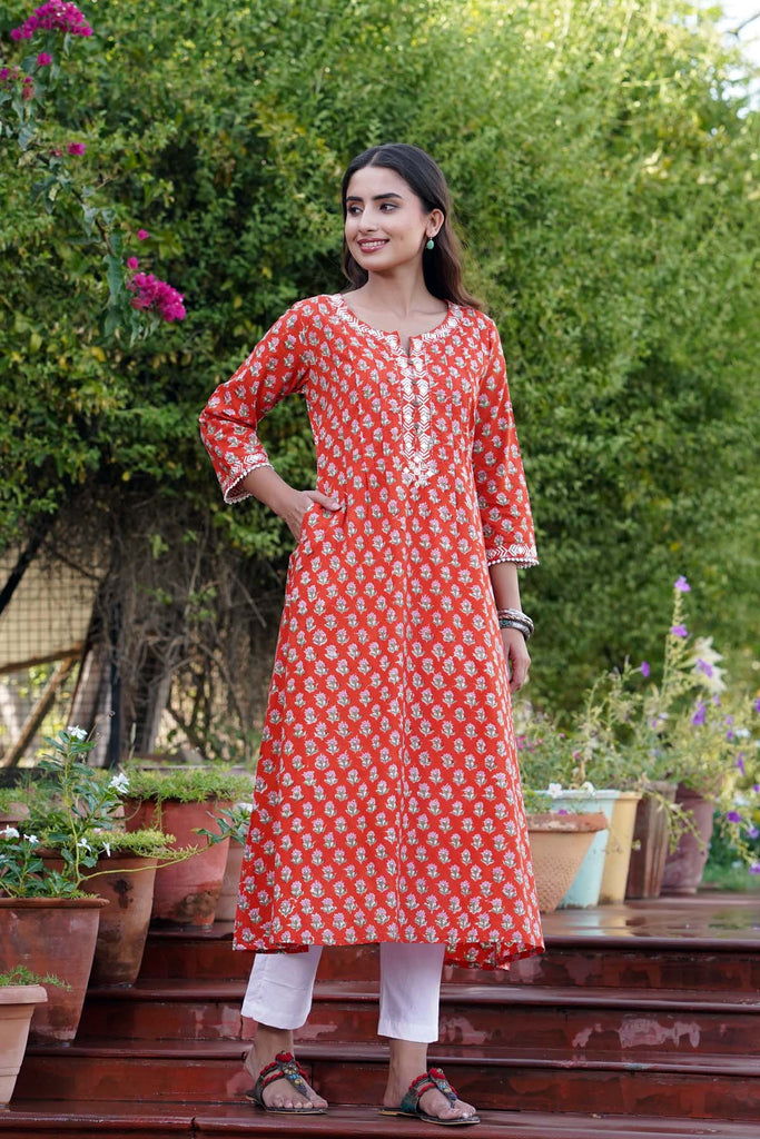 A-Line Kurta In Red Hand Block Print