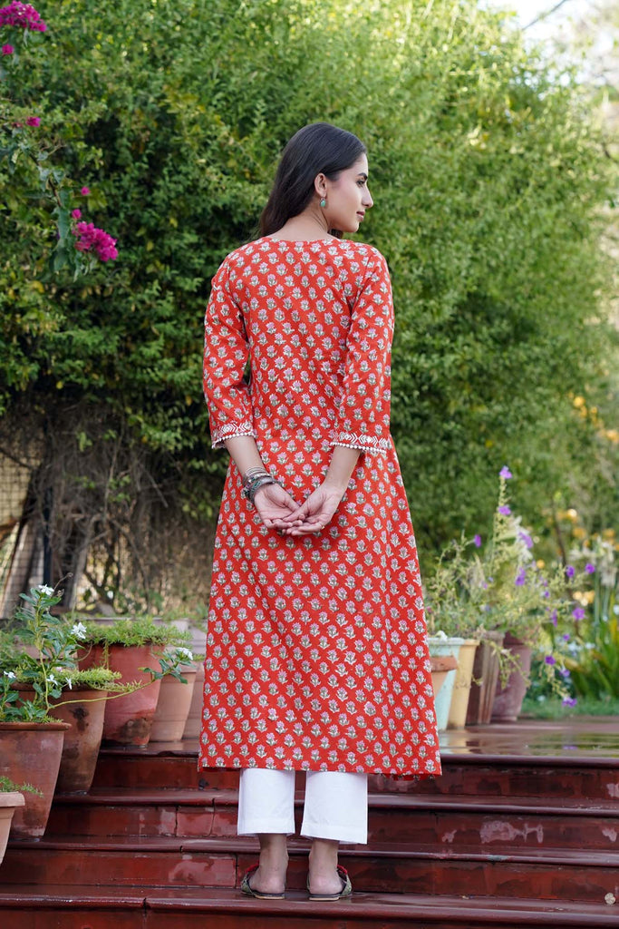 A-Line Kurta In Red Hand Block Print