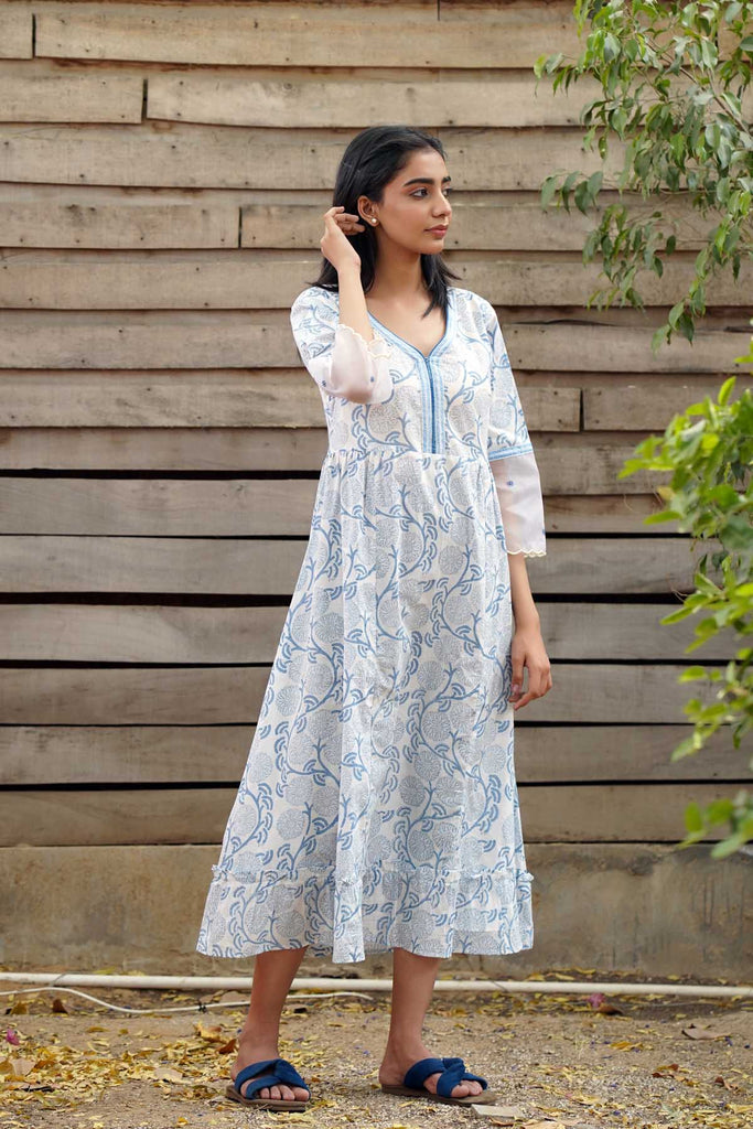 White Hand Block Printed Dress